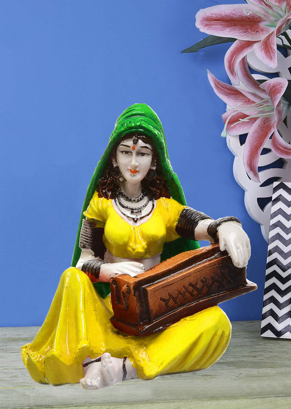 Enchanting Melody Figurine: Hand-Painted Resin Rajasthani Woman with Instrument
