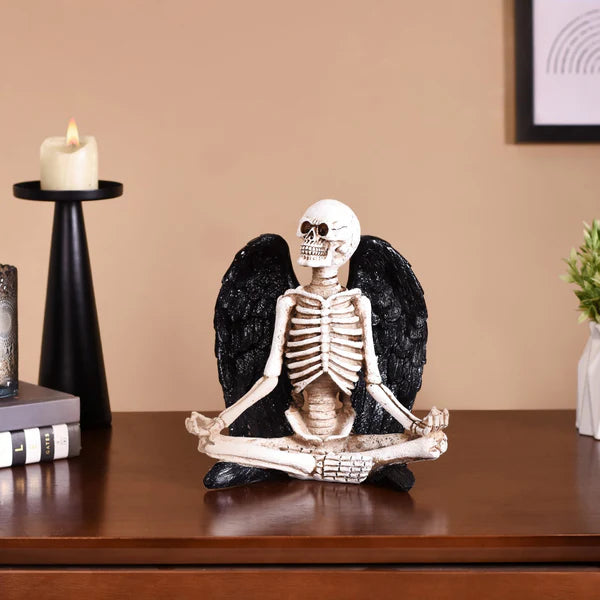 Mystical Winged Yoga Skeleton Figurine  | Polyresin Meditating Skeleton Statue for Unique Home Decor, Gothic Zen & Unconventional Gifting