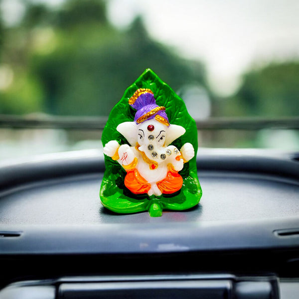 Divine Ganesha Car Dashboard Figurine  | Polyresin Mini Idol for Travel Protection, Good Fortune & Auspicious Vehicle Decor
