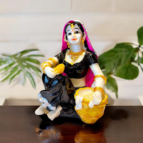 Handcrafted Rajasthani Woman Figurine with Makhan Matka | Traditional Resin Lady Showpiece for Home Decor | Indian Ethnic Figurine for Gifting & Table Display