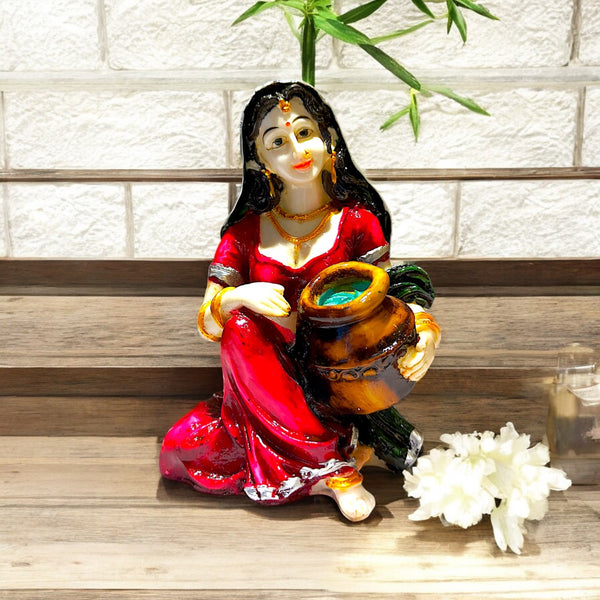 Handcrafted Rajasthani Woman with Matka Figurine | Resin Traditional Lady Idol for Home Decor | Ethnic Indian Showpiece for Tabletop & Gifting