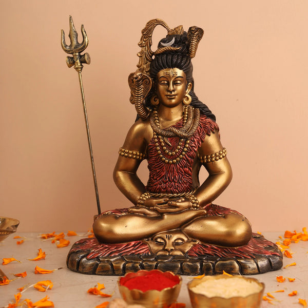 Mahadev Shiva Meditation Idol Antique Resin Shiv Murti with Trishul | Home Temple & Decor Statue - Karigaari India Aesthetic Home Decor