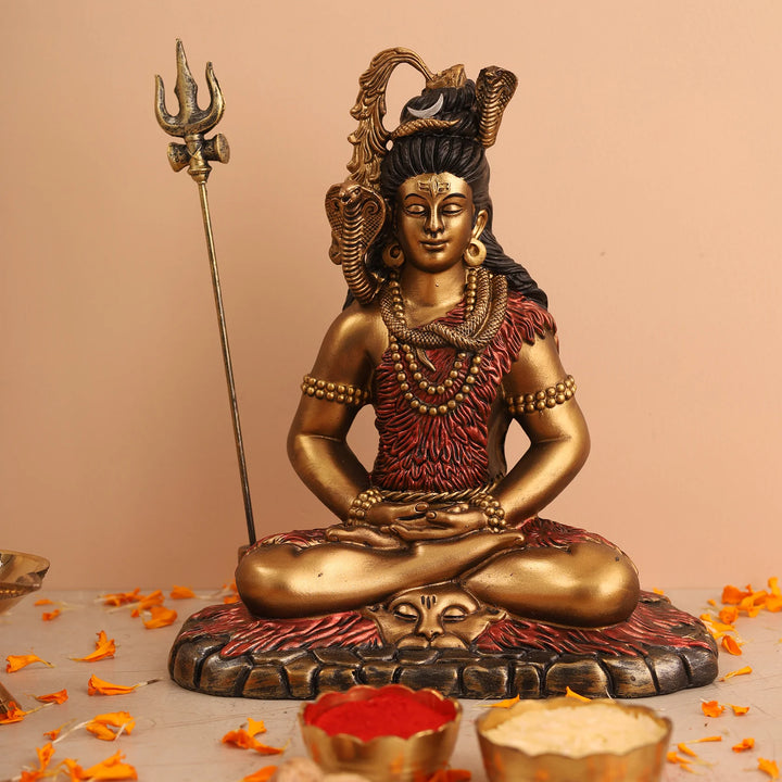 Mahadev Shiva Meditation Idol Antique Resin Shiv Murti with Trishul | Home Temple & Decor Statue - Karigaari India Aesthetic Home Decor