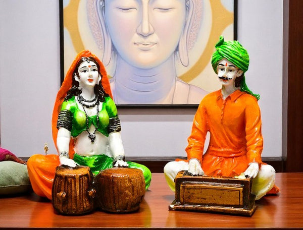 Traditional Rajasthani Musician Couple Resin Showpiece - Set of 2 - Karigaari India Aesthetic Home Decor