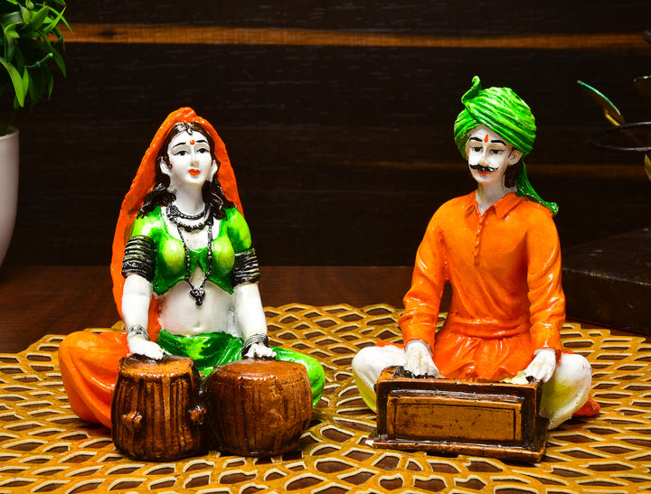 Traditional Rajasthani Musician Couple Resin Showpiece - Set of 2 - Karigaari India Aesthetic Home Decor