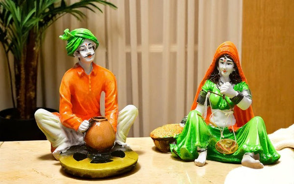 Ethnic Village Couple Resin Showpiece Set - Karigaari India Aesthetic Home Decor