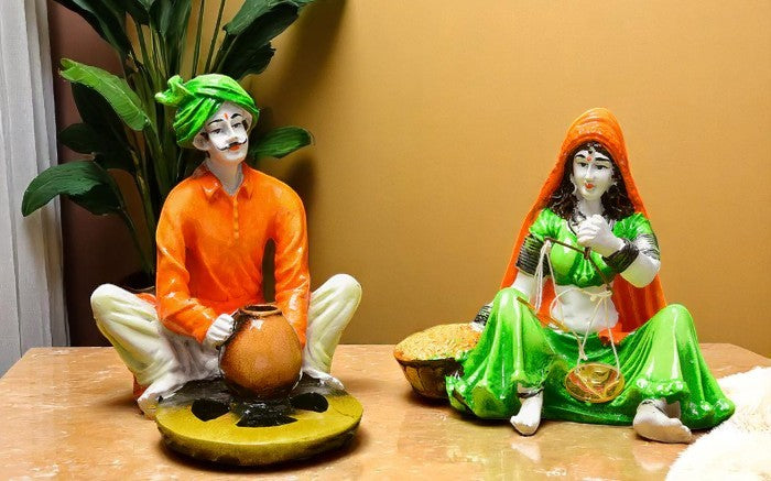 Ethnic Village Couple Resin Showpiece Set - Karigaari India Aesthetic Home Decor