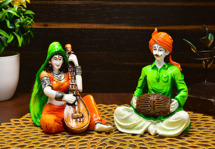Rajasthani Couple Musician Resin Showpiece Set - Karigaari India Aesthetic Home Decor