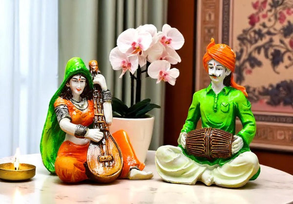 Rajasthani Couple Musician Resin Showpiece Set - Karigaari India Aesthetic Home Decor
