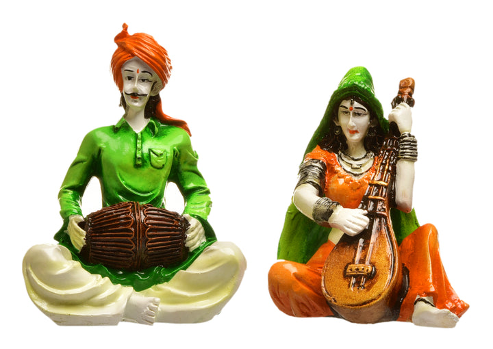 Rajasthani Couple Musician Resin Showpiece Set - Karigaari India Aesthetic Home Decor