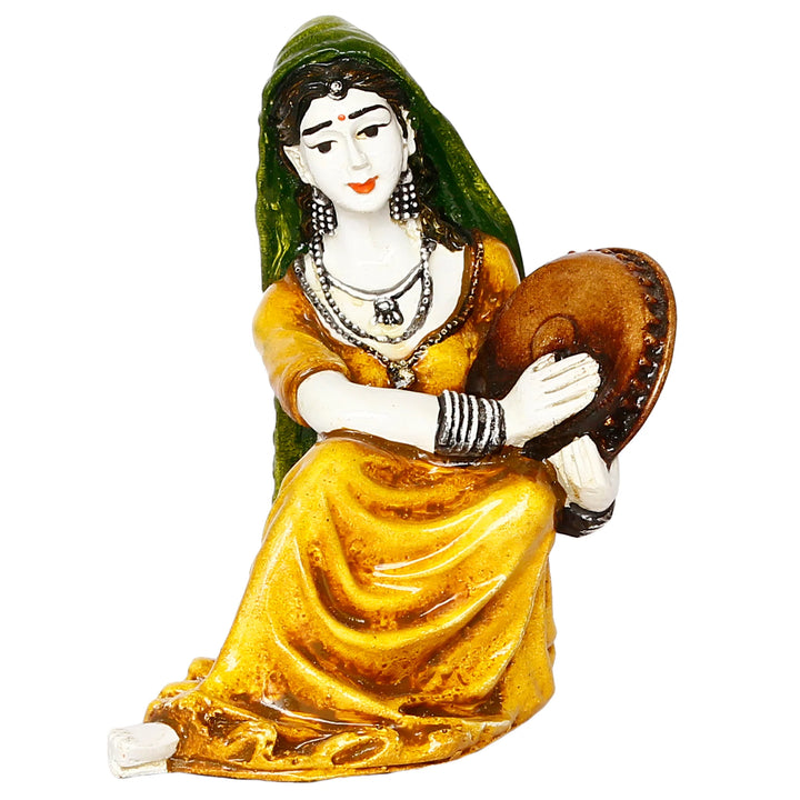 Rajasthani Lady Playing Daphli Resin Statue - Karigaari India Aesthetic Home Decor