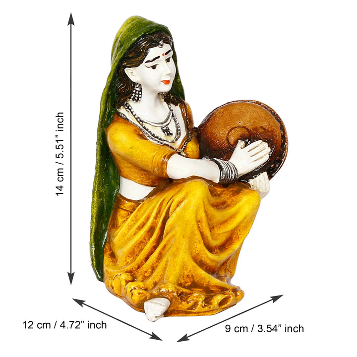Rajasthani Lady Playing Daphli Resin Statue - Karigaari India Aesthetic Home Decor