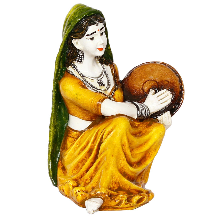 Rajasthani Lady Playing Daphli Resin Statue - Karigaari India Aesthetic Home Decor