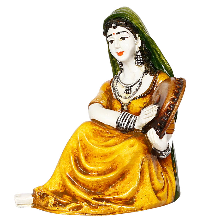 Rajasthani Lady Playing Daphli Resin Statue - Karigaari India Aesthetic Home Decor