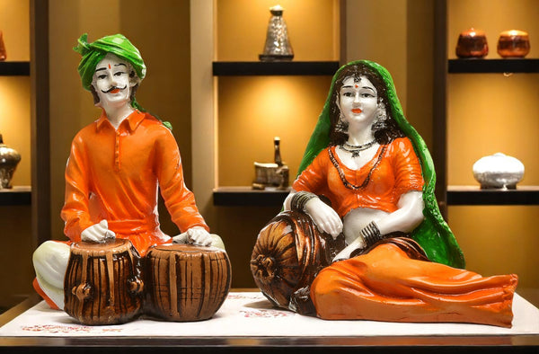 Traditional Rajasthani Musician Couple Resin Showpiece - Karigaari India Aesthetic Home Decor
