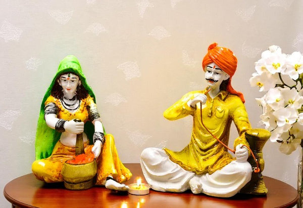 Indian Village Couple Grinding and  taking hookah - Karigaari India Aesthetic Home Decor