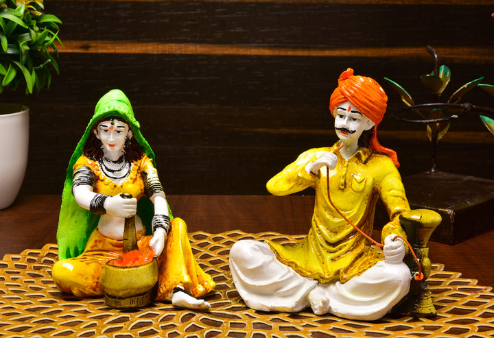 Indian Village Couple Grinding and  taking hookah - Karigaari India Aesthetic Home Decor