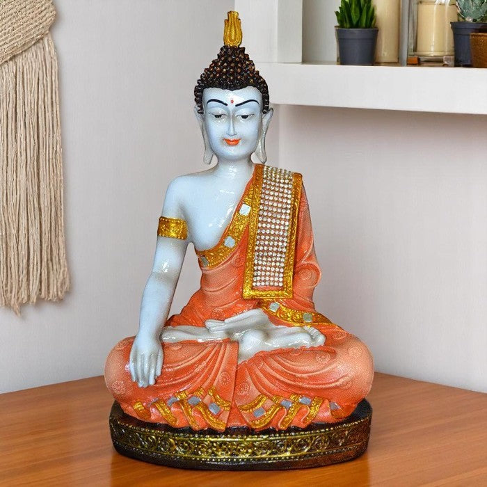 Handcrafted Ployresin Orange And Golden Colour Sitting Lord Buddha Statue Showpiece Home Decor/Office Decor/Spiritual Gift - Karigaari India Aesthetic Home Decor