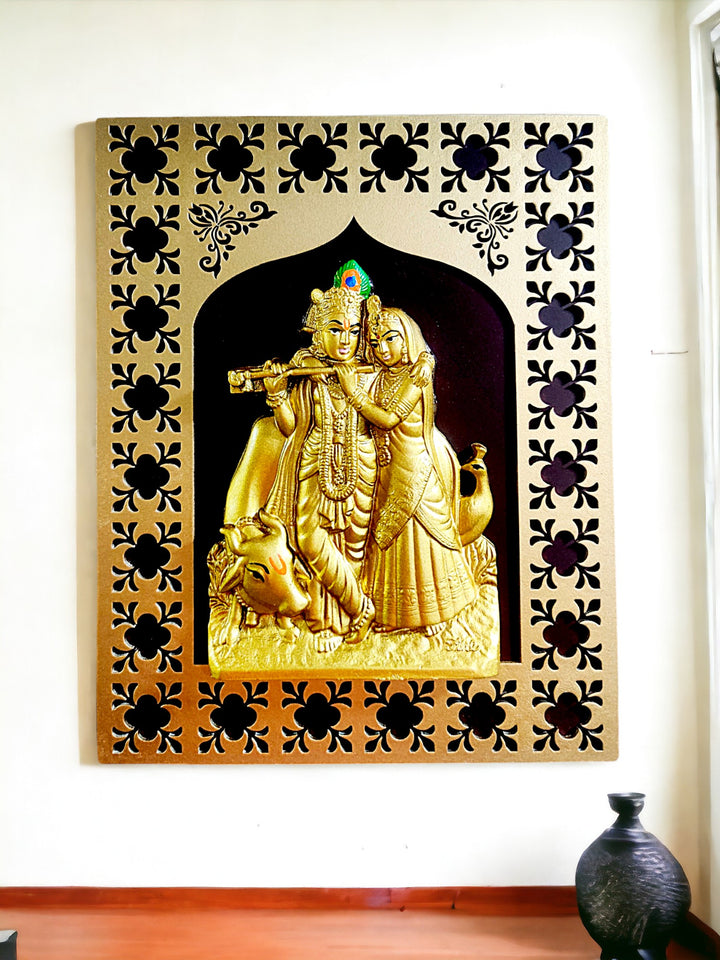 Golden Radha Krishna Wall Hanging - Hindu Love - Karigaari India Aesthetic Home Decor