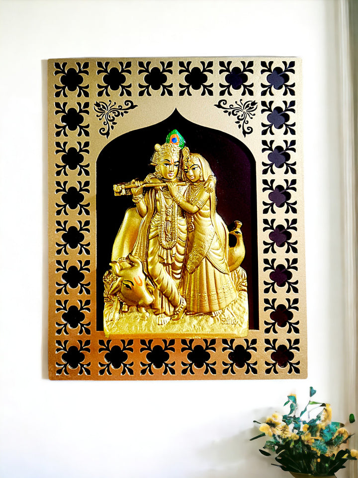 Golden Radha Krishna Wall Hanging - Hindu Love - Karigaari India Aesthetic Home Decor