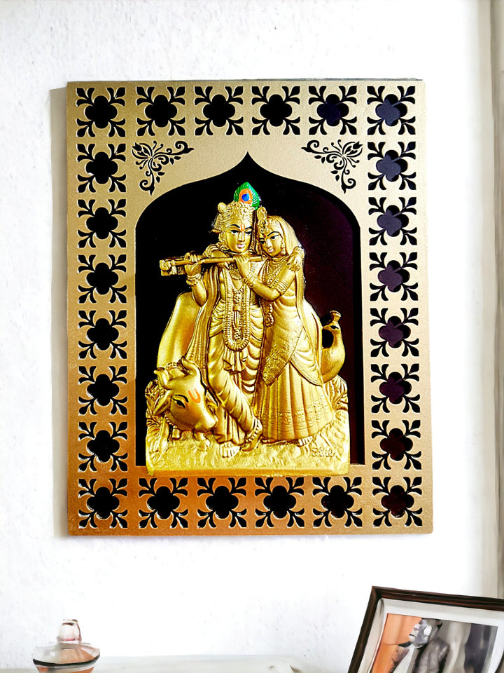 Golden Radha Krishna Wall Hanging - Hindu Love - Karigaari India Aesthetic Home Decor