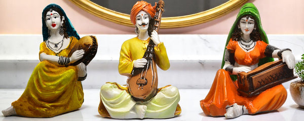 Vibrant Indian Folk Trio 🇮🇳 Traditional Musician Showpiece Set - Karigaari India Aesthetic Home Decor
