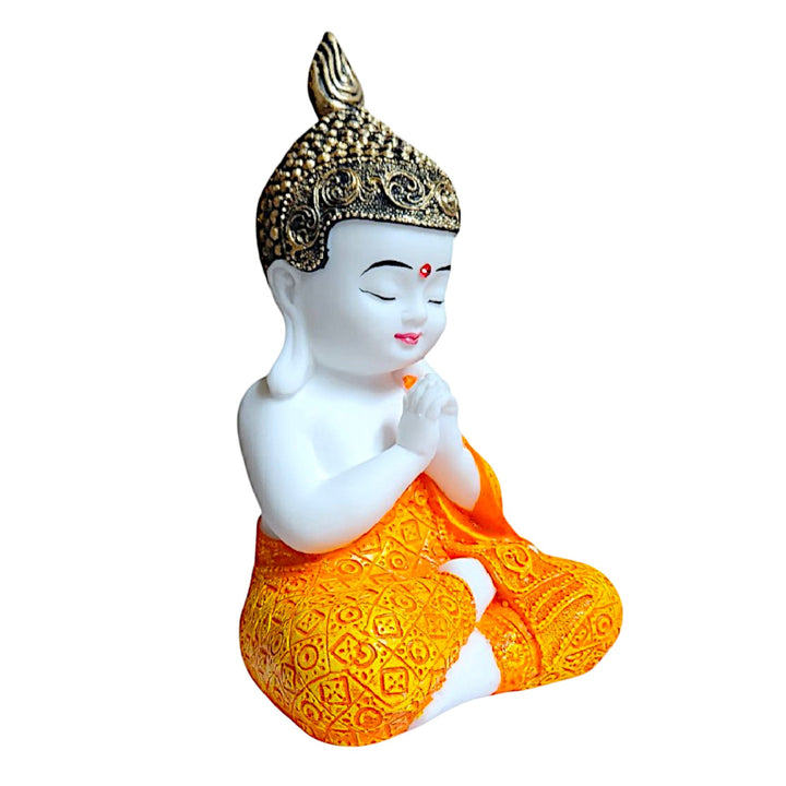 Meditating Buddha Statue - White and Orange Resin Figurine - Zen Home Decor - Spiritual Gift - Meditation Room Decoration - Karigaari India Aesthetic Home Decor