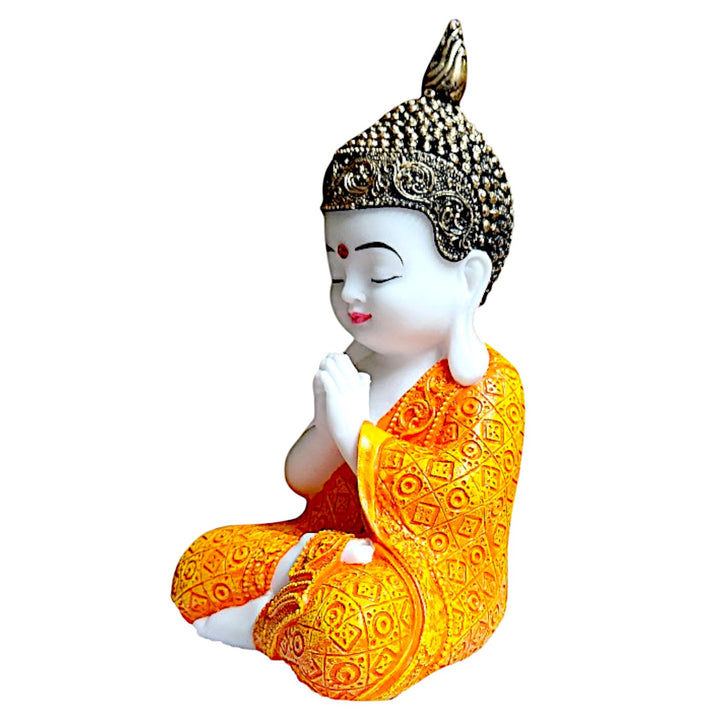 Meditating Buddha Statue - White and Orange Resin Figurine - Zen Home Decor - Spiritual Gift - Meditation Room Decoration - Karigaari India Aesthetic Home Decor