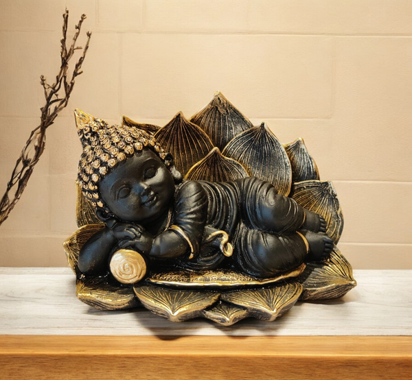 Tranquil Baby Buddha Sleeping Figurine  | Polyresin Resting Buddha Statue on Lotus for Zen Home Decor, Peace & Meditation Gift
