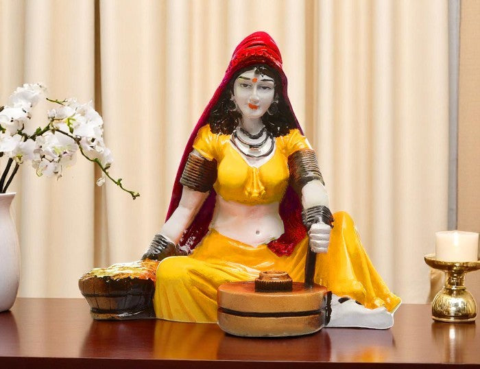Handcrafted Rajasthani Village Woman Figurine - Traditional Yellow Attire Resin Statue - Ethnic Indian Home Decor Art Piece - Karigaari India Aesthetic Home Decor