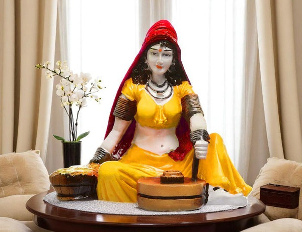 Handcrafted Rajasthani Village Woman Figurine - Traditional Yellow Attire Resin Statue - Ethnic Indian Home Decor Art Piece - Karigaari India Aesthetic Home Decor