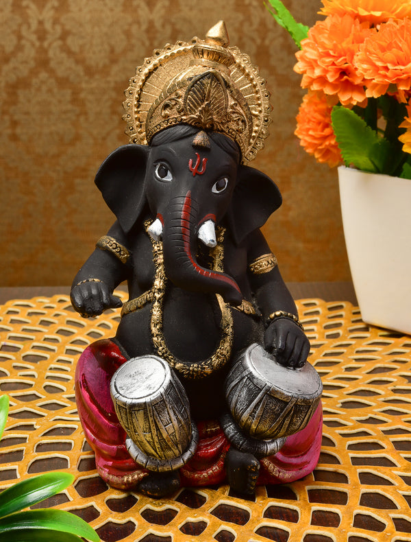 Black Resin Tabla Ganesha Idol Musical Ganpati Murti for Home Decor, Mandir & Festive Gifting - Karigaari India Aesthetic Home Decor