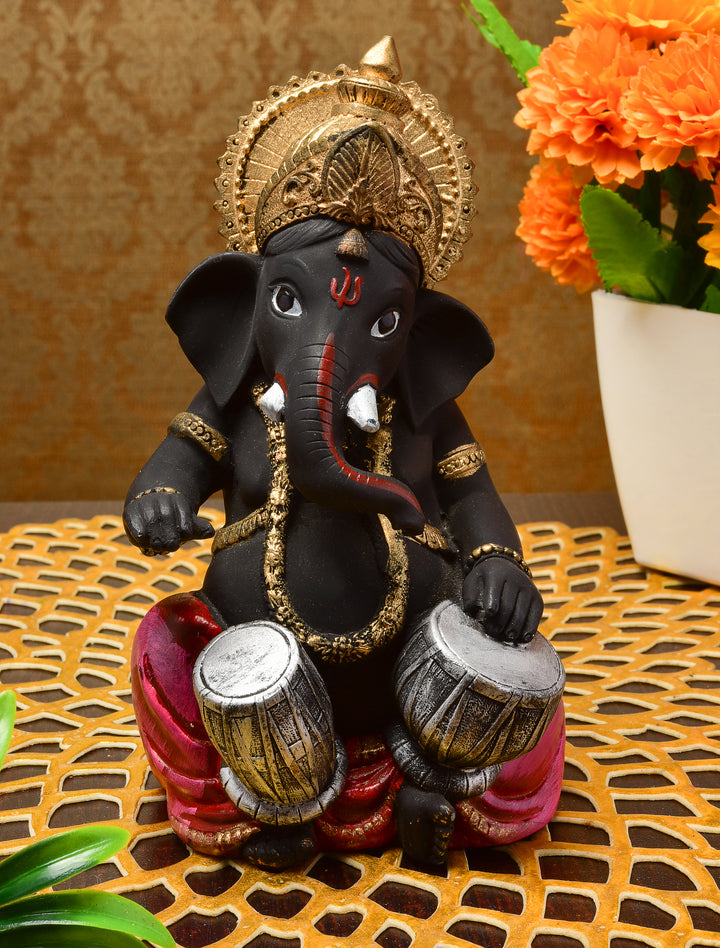 Black Resin Tabla Ganesha Idol Musical Ganpati Murti for Home Decor, Mandir & Festive Gifting - Karigaari India Aesthetic Home Decor