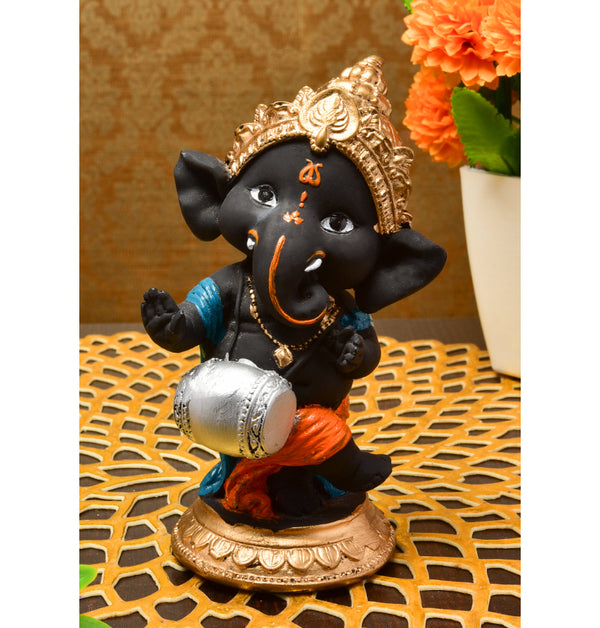 Black Resin Dholak Ganesha Idol Musical Ganpati Murti for Home Decor & Festive Gifting