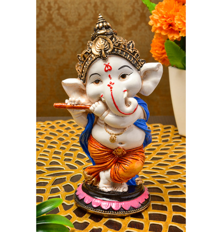 Melodic Ganesha: Resin Flute Playing Idol - Auspicious Home Decor & Gift - Karigaari India Aesthetic Home Decor