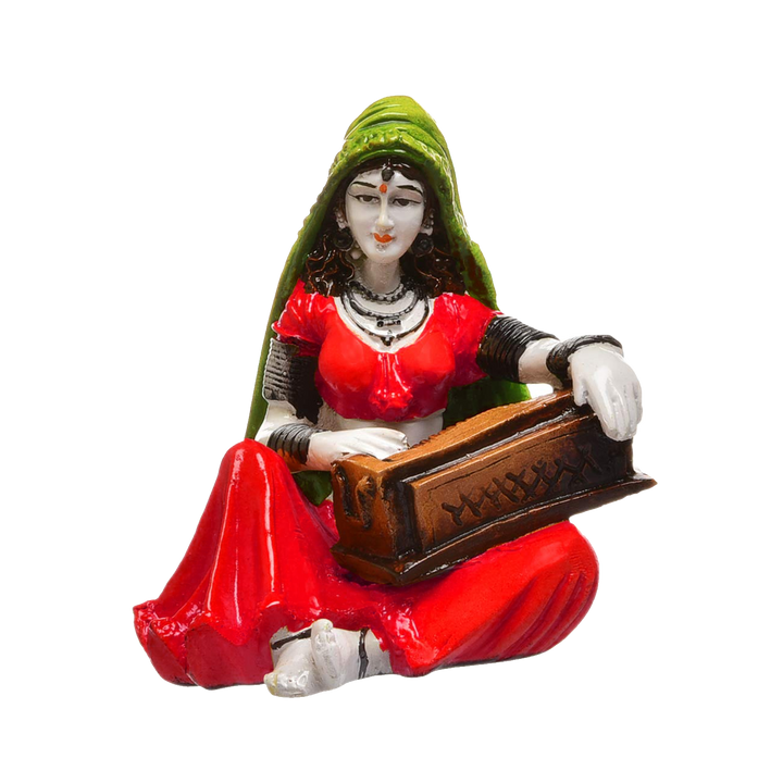 The Serenade of Rajasthan: Hand-Painted Resin Woman and Her Harmonium - Karigaari India Aesthetic Home Decor