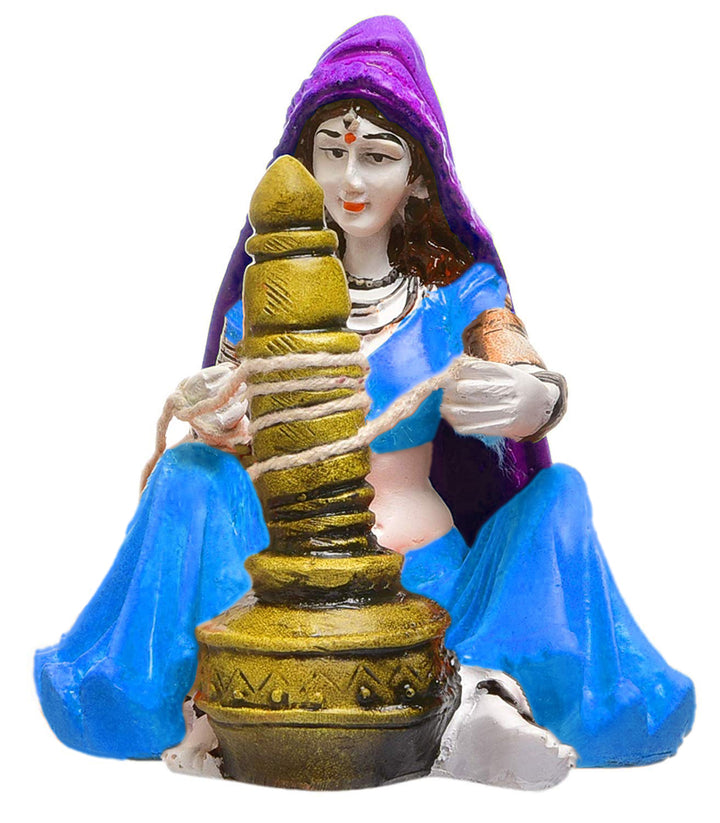 Heritage Homemaker Figurine: Hand-Painted Resin Rajasthani Woman with Butter Churn - Karigaari India Aesthetic Home Decor
