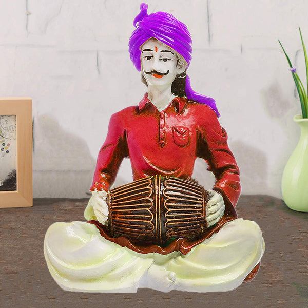 Traditional Drummer of Rajasthan: Unique Resin Man with Dhol Statue - Indian Folk Art