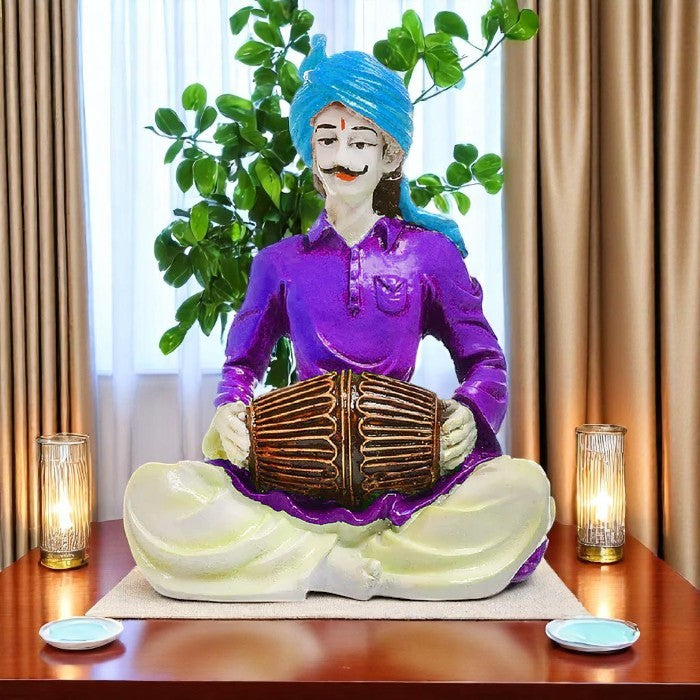 Joyful Beats of Rajasthan: Exquisite Resin Sculpture of a Folk Musician with Drum - Karigaari India Aesthetic Home Decor