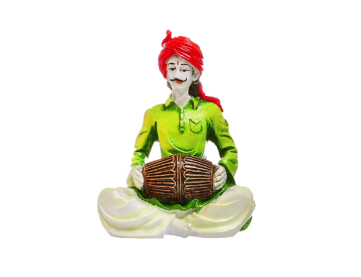 Traditional Sounds of Rajasthan: Unique Resin Man with Drum Statue - Indian Folk Music Decor - Karigaari India Aesthetic Home Decor