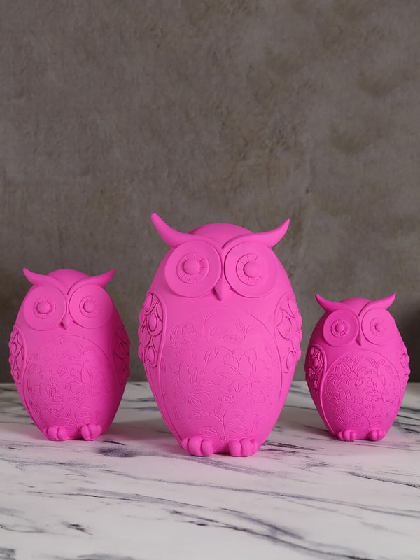 Resin Geometric Pink Owl Figurines Set of 3 | Modern Decorative Animal Sculptures for Home & Office | Unique Gifting Showpieces