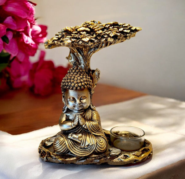 Karigaari India Golden Baby Buddha with Tree & Tealight Holder | Resin Meditation Buddha Idol for Home Decor, Living Room, Spiritual Corner & Gifting