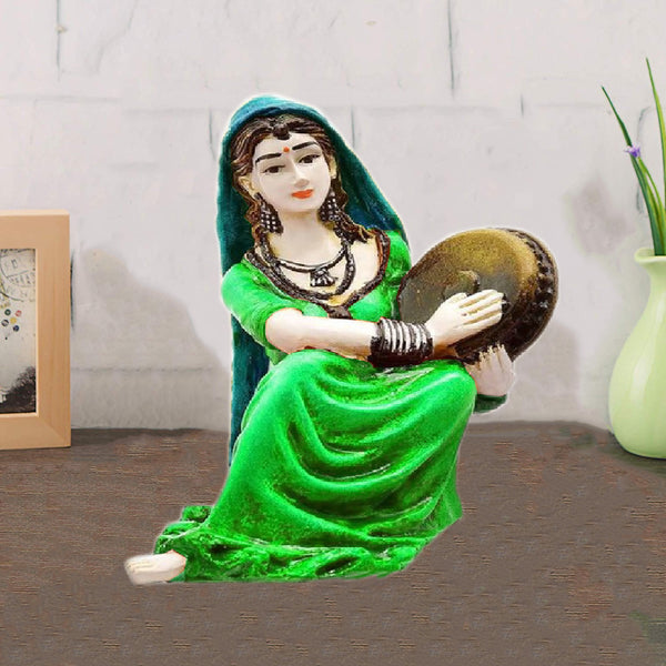 Vibrant Folk Art: Karigaari India Resin Woman with Dafli - Musical Home Accent