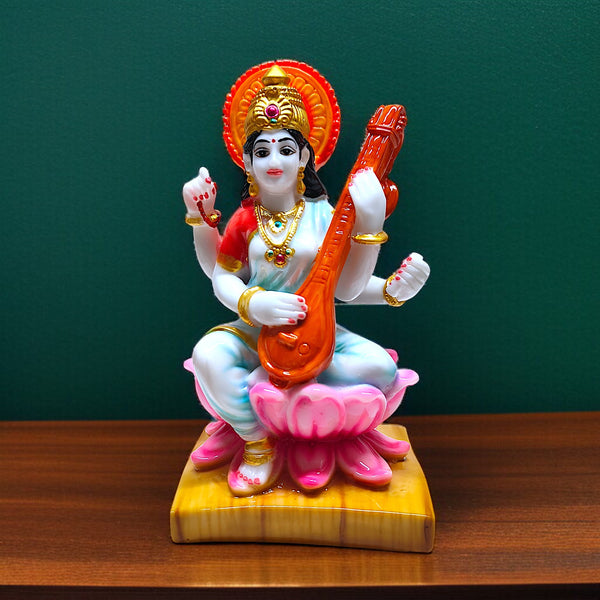 Karigaari India Resin Saraswati Figurine  | Handcrafted Goddess Idol for Home Decor, Pooja Room & Office | Spiritual Wisdom & Knowledge Statue