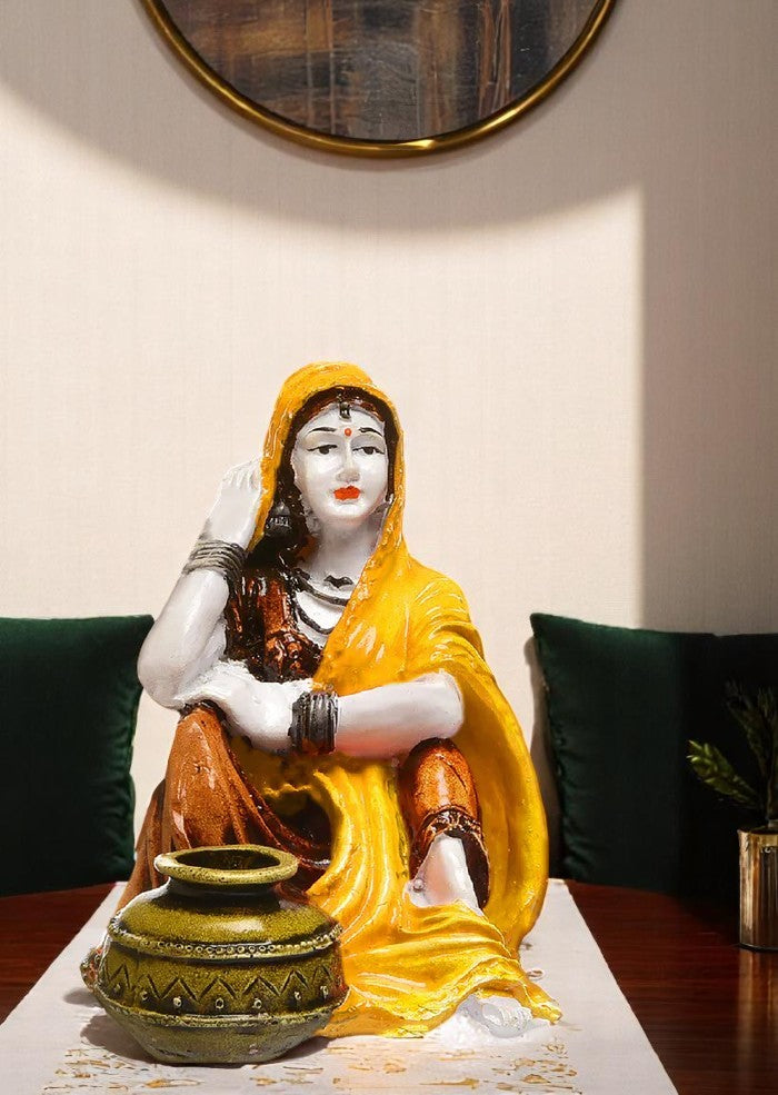 Elegant Rajasthani Village Maiden Figurine - Premium Resin Sculpture in Majestic Yellow - Traditional Indian Water Bearer Art Piece - Karigaari India Aesthetic Home Decor