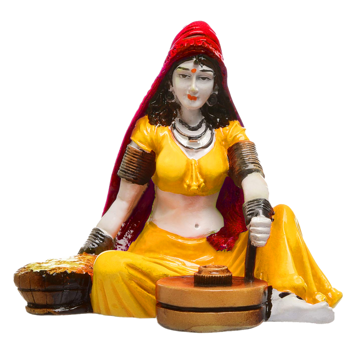 Handcrafted Rajasthani Village Woman Figurine - Traditional Yellow Attire Resin Statue - Ethnic Indian Home Decor Art Piece - Karigaari India Aesthetic Home Decor