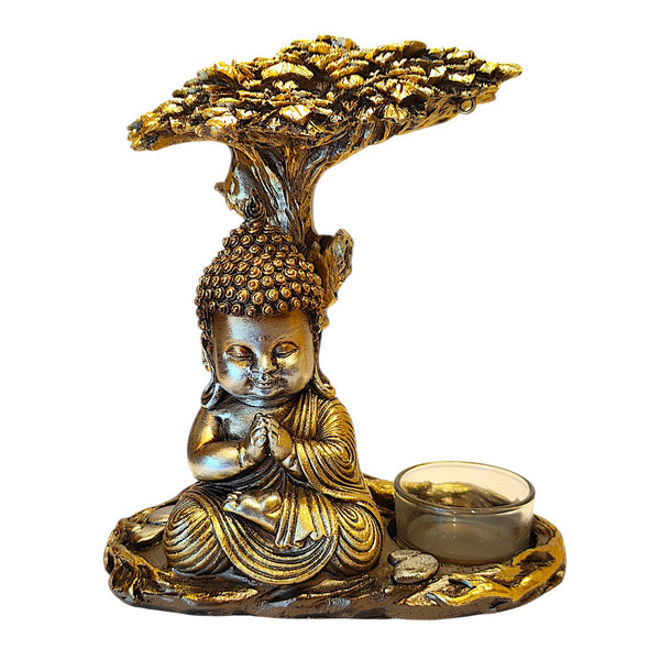 Karigaari India Golden Baby Buddha with Tree & Tealight Holder | Resin Meditation Buddha Idol for Home Decor, Living Room, Spiritual Corner & Gifting