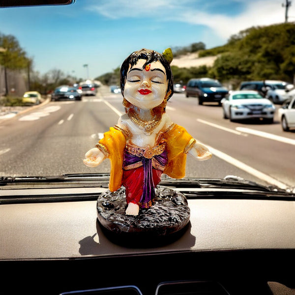 Karigaari India Cute Little Krishna Idol for Car Dashboard & Home Décor | Premium Resin Bal Gopal Figurine for Pooja, Temple & Spiritual Gifting